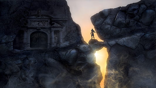 man stands between mountain and castle digital wallpaper thumbnail