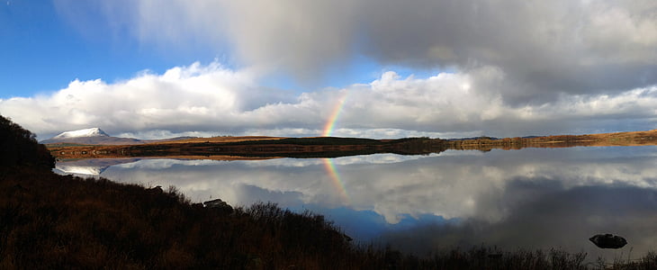 body of water in front of rock formation under cloudy sky with rainbow thumbnail