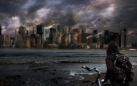 person holding bike facing city digital wallpaper thumbnail