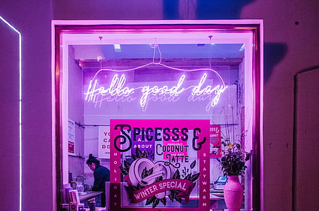 turned on purple Hello good day neon signage thumbnail