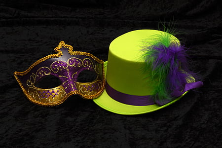 purple and gold masquerade and green dress hat thumbnail