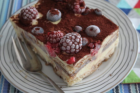 mocha raspberry cake on round ceramic plate thumbnail