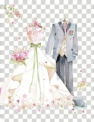 Wedding invitation Wife Marriage Husband,,painted wedding, gray suit and wedding gown illustration PNG clipart