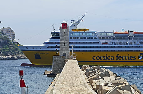 yellow and white Corsica Ferries ship on sea at daytime thumbnail
