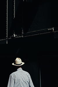 man wearing beige fedora hat and gray, brown, and black plaid long-sleeved dress shirt thumbnail