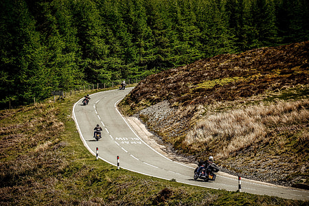 four motorcycles on road near green trees thumbnail