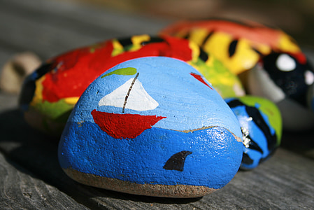 sailboat near shark painted stone thumbnail
