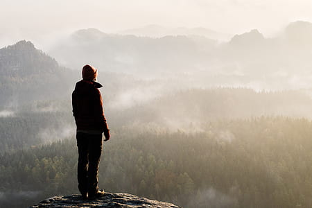 person standing cliff in front of forest thumbnail