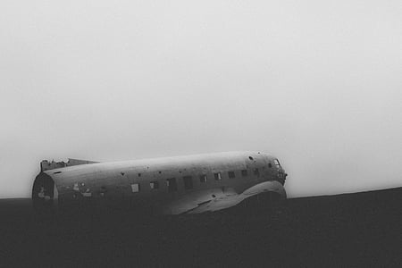 grayscale photo of wrecked airplane thumbnail