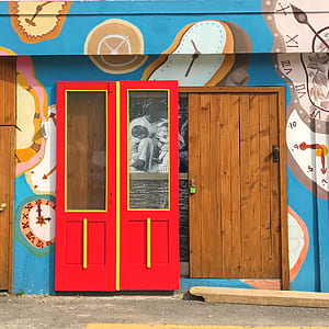two red-and-yellow half-lite doors thumbnail