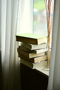 pile of books on window near glass vase thumbnail