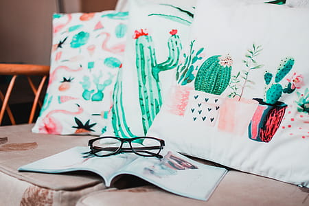 Black Framed Eyeglasses Placed on Opened Book Near Cacti-print Pillows thumbnail