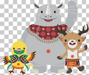 2018 Asian Games 2014 Asian Games Jakarta Olympic Council of Asia Mascot, RUSSIA 2018, bird, deer, and rhinoceros illustration PNG clipart