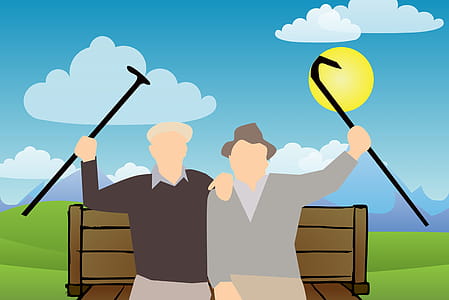 Illustration of two old guys in a park, raising their canes. thumbnail