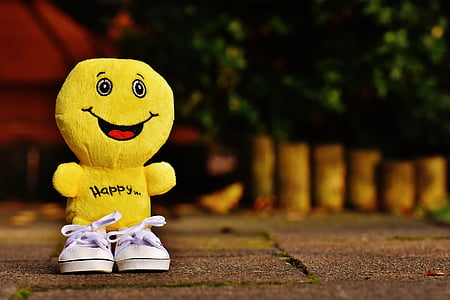 yellow character plush toy and pair of white low-top shoes thumbnail