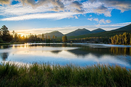 landscape photo of trees near lake and mountain during sunrise thumbnail