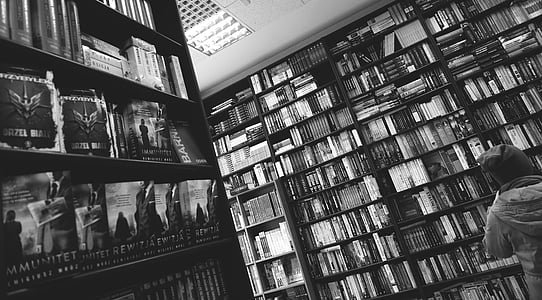 grayscale photography of person inside library thumbnail