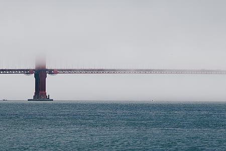 bridge with thick fog over wide body of water thumbnail