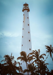 white lighthouse and coconut tree line photo during daytime thumbnail
