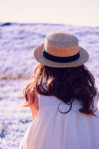 woman's with brown sun hat with white sleeveless dress thumbnail