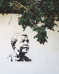 portrait painted on white wall under a tree thumbnail