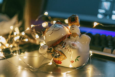 White Ceramic Cat Figurine With String Lights thumbnail