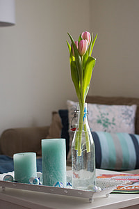pink tulips with clear glass vase and two teal pillar candles thumbnail