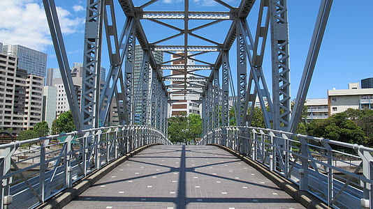 empty gray metal bridge overlooking buildings at daytime thumbnail
