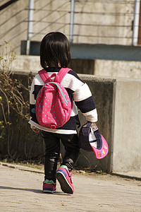 girl wearing backpack and holding hat while standing on roa thumbnail