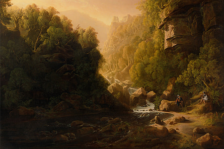 waterfalls between trees and cliff thumbnail