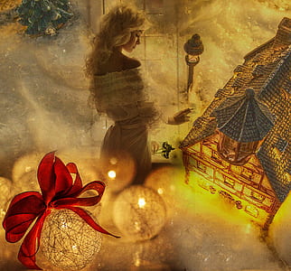 woman wearing white off-shoulder dress with house and bauble background illustration thumbnail