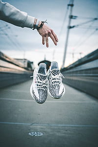 person dropping pair of zebra Adidas Yeezy Boost 350 V.2 shoes thumbnail
