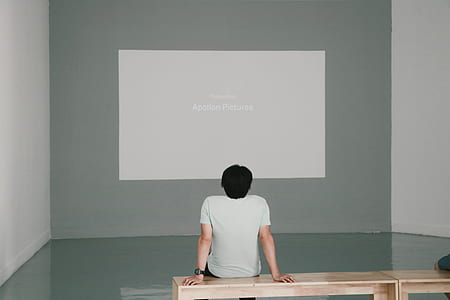 man in shirt sitting on bench while watching Apollon picture inside room thumbnail