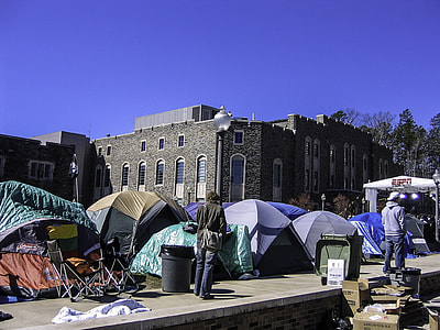 Cameron Indoor Stadium with student tents at Duke University, North Carolina thumbnail