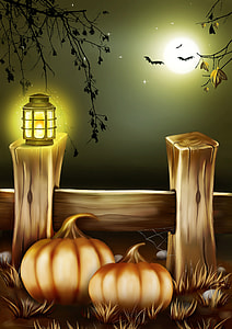 Lights, Pumpkins, and Bats under a full moon Halloween scene thumbnail