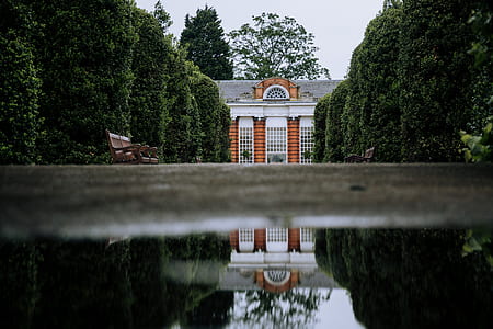 reflection of brown and white painted house on wate thumbnail