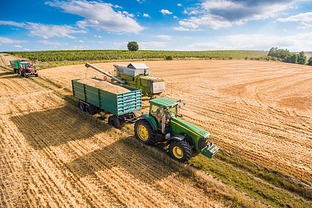Combine Harvester Pouring Grain into Trailer Towed by Tractor thumbnail