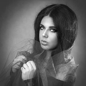 grayscale photo of woman with sheer veil thumbnail