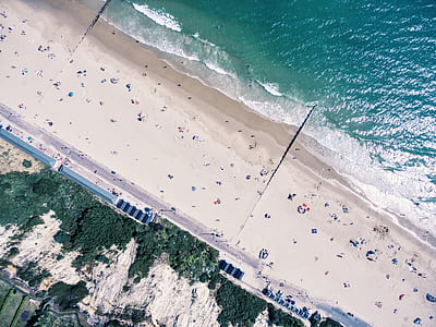 aerial view photography of crowded seashore thumbnail