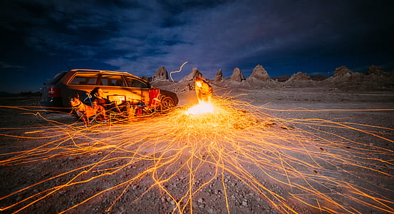 time lapsed photography of a man welding in the middle of desert thumbnail