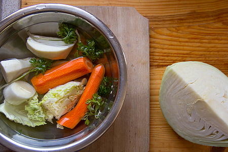 sliced raw cabbage, carrots, and taro in gray stainless steel bowl thumbnail