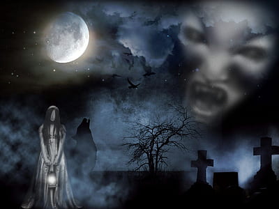 woman in white standing at cemetery and white ghoul face in clouds under full moon graphic wallpaper thumbnail