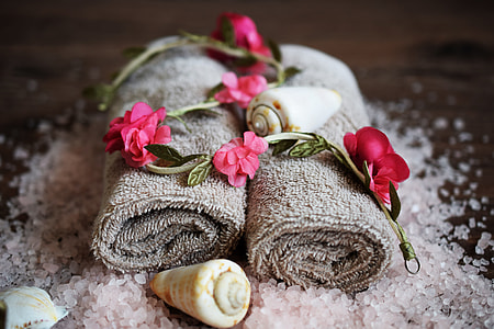 two gray towels with flowers and shells thumbnail