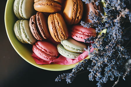 assorted-color macaroons on green bowl thumbnail