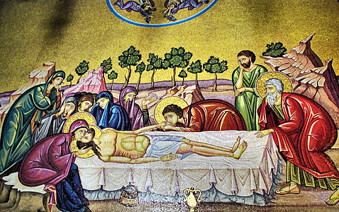 man lying on white bed with many people around him tapestry thumbnail