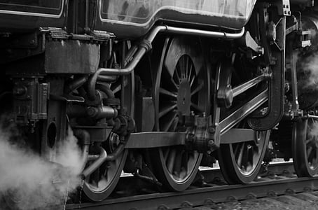 grayscale photography of train wheels thumbnail