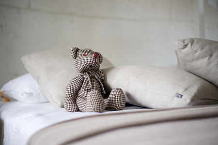 bear plush toy beside pillows on bed thumbnail