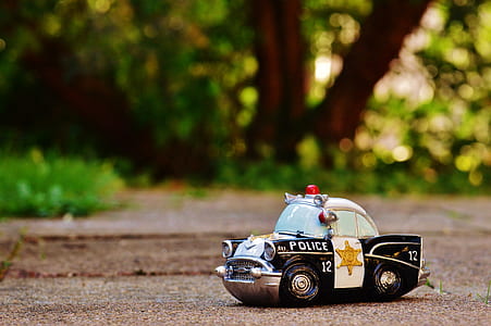 selective focus photography of white and black police car toy on ground near trees thumbnail
