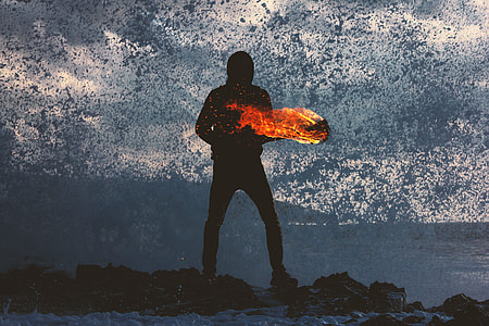 silhouette painting of man holding torch on body of water with rocks thumbnail