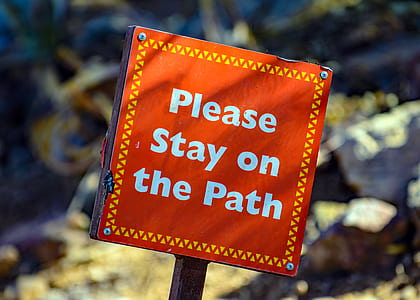 tilt shift lens photography of red signage displaying please stay on the path thumbnail